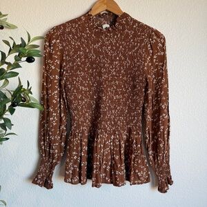 Flawless Brown Floral Smocked Long Sleeve Peplum Boho Blouse Women’s Size Small